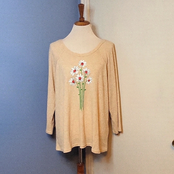 Cato Tops - NEW CATO XL Beige Daisy Ladybug Waffle Knit Top Long Sleeve NWT
